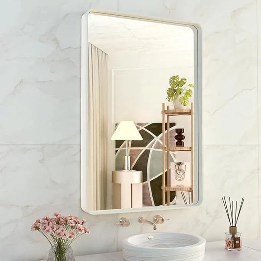 WEER White Bathroom Mirror 24X36 Inch, Rounded Rectangle White Metal Frame Mirror, Matte White Bathroom Vanity Mirror with Tempered Glass, Anti-Rust, Hangs Horizontally or Vertically - ModernBath