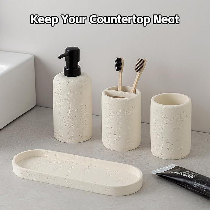 WUUAHOME Bathroom Accessories Set, 4 Piece Travertine Stone Look Collection, Modern Bath Organizer with Soap Dispenser, Toothbrush Holder, Tumbler, Vanity Tray for Countertop Kitchen Sink (Off White) - ModernBath