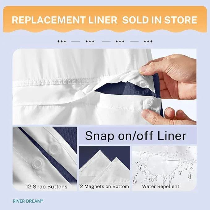 River Dream Heavyweight Navy Blue No Hooks Required Dotted Waffle Weave Shower Curtain with Snap in Liner - 71W x 74H,Hotel Grade,Spa Like Bath Curtain - ModernBath