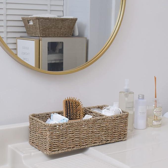 StorageWorks Wicker Toilet Basket Tank Topper, Toilet Paper Basket for Back of Toilet Tank Top, 3-Section Seagrass Storage Baskets for Shelves, 2-Pack - ModernBath