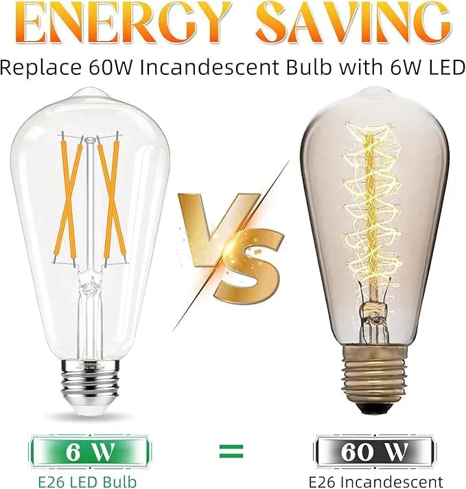 LED Edison Bulbs, E26 Bulb 60 watt Equivalent, Non-Dimmable, Soft White 2700K, ST58 Vintage Light Bulbs, 90+ CRI, 6W 600LM, E26 Medium Base, Clear Glass, 6 Pack - ModernBath
