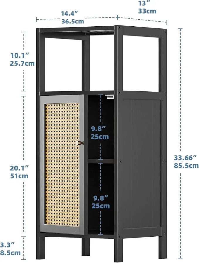 HITNET Bamboo Floor Cabinet, Small Bathroom Storage Cabinet with Single Rattan Door, Narrow Side Storage Organizer Unit Freestanding Space Saving Kitchen Cupboard, Black - ModernBath