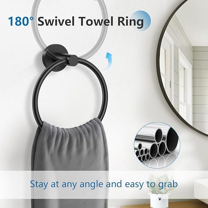 TNOMS 5 Pieces Towel Bar Set Matte Black Bathroom Hardware Set Upgraded Toilet Paper Holder with Shelf Towel Rail Set for Bathroom Stainless Steel Wall Mounted 23.6 Inch - ModernBath