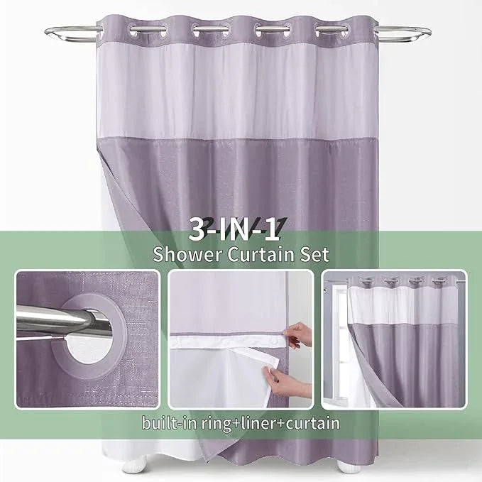 eachope Lavender No Hook Shower Curtain with Snap-in Fabric Liner Set,Slub Textured Fabric Shower Curtains for Bathroom,Hotel Style Modern Shower Curtain,Water Repellent & Washable,71x74(72) - ModernBath