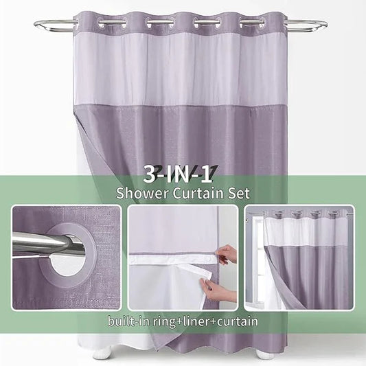 eachope Lavender No Hook Shower Curtain with Snap-in Fabric Liner Set,Slub Textured Fabric Shower Curtains for Bathroom,Hotel Style Modern Shower Curtain,Water Repellent & Washable,71x74(72) - ModernBath