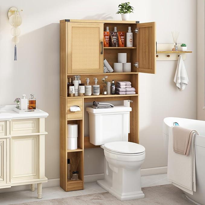 Vabches Over The Toilet Storage Cabinet, Farmhouse Rattan Storage Cabinet Over Toilet with 2 Rattan Barn Doors & Home Space-Saving Toilet Rack, for Bathroom, Restroom, Laundry - ModernBath