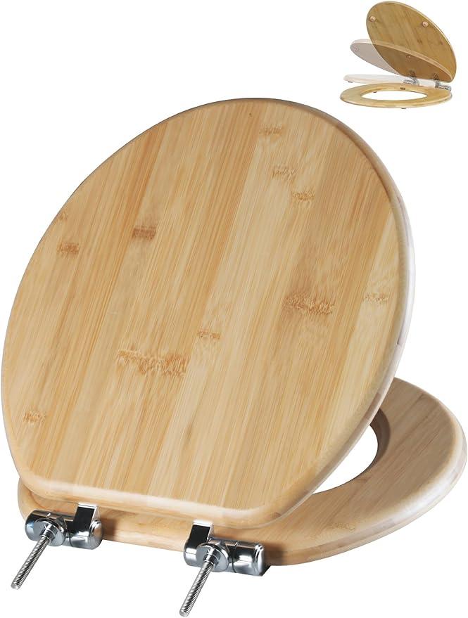 Angol Shiold ROUND Bamboo Wood Toilet Seat Soft Close Zinc Alloy Strong Hinges, Light, Easy to Install & Clean, Up to 400 lbs (Elongated 16.5", Natural Bamboo) - ModernBath