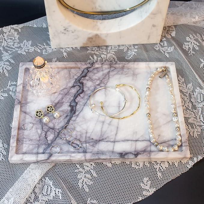Real Luxurious Vanity Tray Natural Genuine Marble Storage Tray for Home Decor Stone Tray for Bathroom/Kitchen/Vanity/Dresser Non-Resin/Non-Ceramic(Lilac) - ModernBath