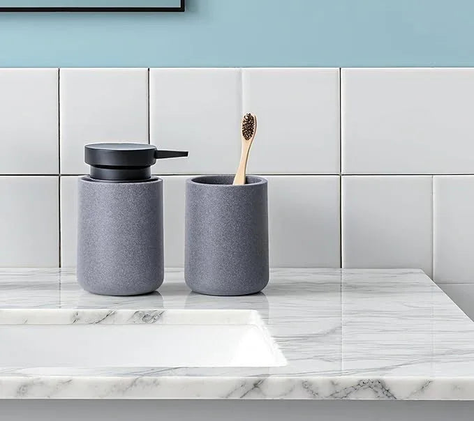 Clasin Home 3 Pcs Bathroom Accessories Set, Liquid Soap Dispenser with Large Pump, Toothbrush Holder Cup and Soap Dish, Sandstone Texture Bathroom Counter Set for Modern Home (Gray) - ModernBath