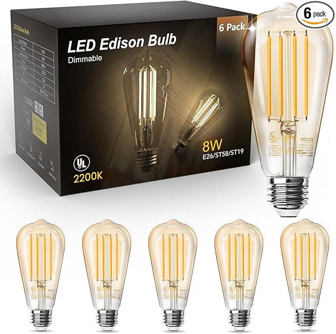 TJOY 6 Pack Vintage 8W ST58 LED Edison Amber Light Bulbs, 60W Equivalent, 800 Lumens, 2200K Soft White, Dimmable, E26 Base LED Filament Bulbs, CRI80+, Antique Glass Style for Home, Bedroom - ModernBath