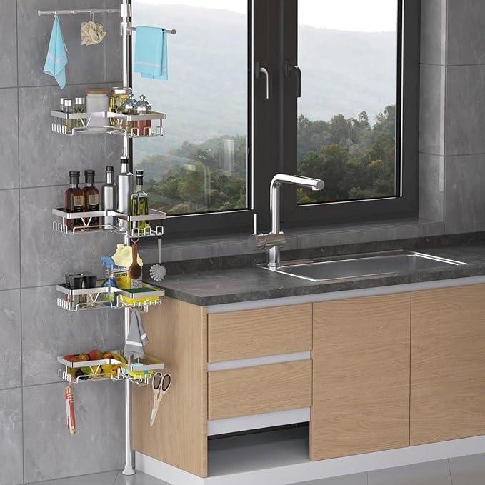 KEGII Bronze Shower Caddy Tension Pole with 2 Towel Bars, Adjustable Corner Bathroom Organizer, Rustproof Bathtub Storage Shelves for Shampoo, 25–114.2 Inch Shower Corner Rack for Renters & Family - ModernBath