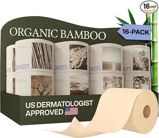 Haven Bamboo Toilet Paper (Pack of 16) Bulk Rolls - 100% Organic Tissue - 3-Ply Septic Safe, Unbleached, Non-Toxic, BPA-Free Plant Paper - Dermatologist Approved, Hypoallergenic - Silky Soft Lint-Free - ModernBath