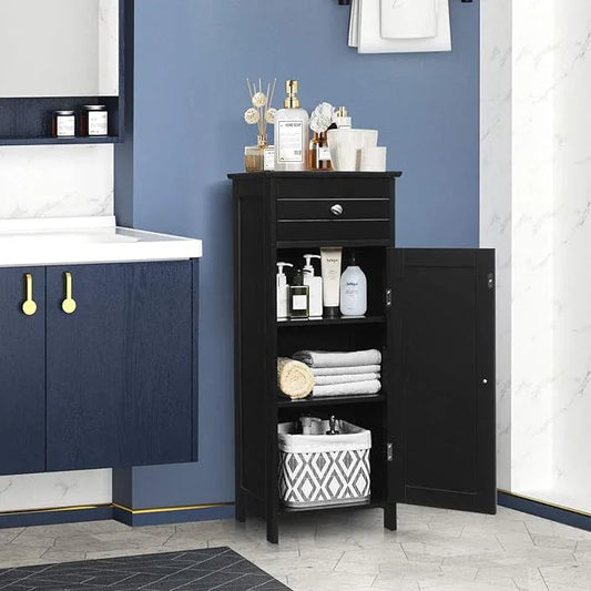 Tangkula Bathroom Floor Cabinet, Wooden Side Storage Organizer, Free-Standing Single Door Floor Storage Cabinet with Large Drawer & 2 Adjustable Shelves for Living Room Kitchen (Black) - ModernBath