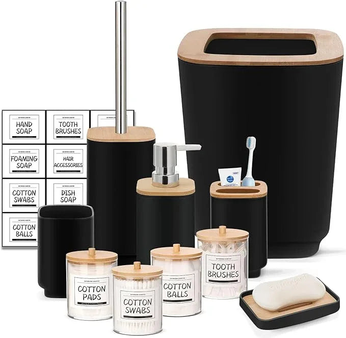 IMAVO Bathroom Accessories Set,Black Bathroom Set,11 Pieces Bathroom Accessory Set,Trash Can for Bathroom Accessories Décor and Housewarming Gifts - ModernBath