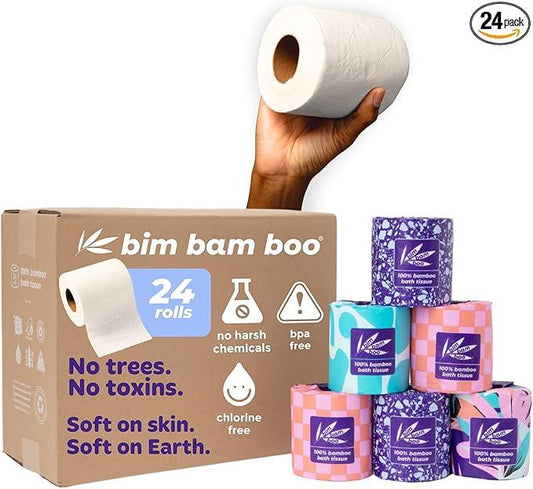 Bim Bam Boo 100% Bamboo Organic Chemical-Free Bulk Toilet Paper, Cloud-like Softness, Plant-Based Sustainable Tree-Free Bathroom Tissue, 24 Eco-Friendly Rolls, 2 Ply, 295 Sheets for RV and Camping - ModernBath