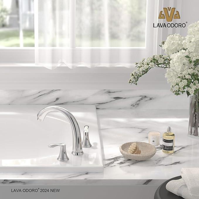 Chrome Roman Tub Faucet, Lava Odoro Chrome Bathtub Faucet with Valve, High Flow 2 Handle Deck Mount Tub Faucet, Solid Brass 8 inch Widespread 3 Hole Tub Filler TF405-C - ModernBath