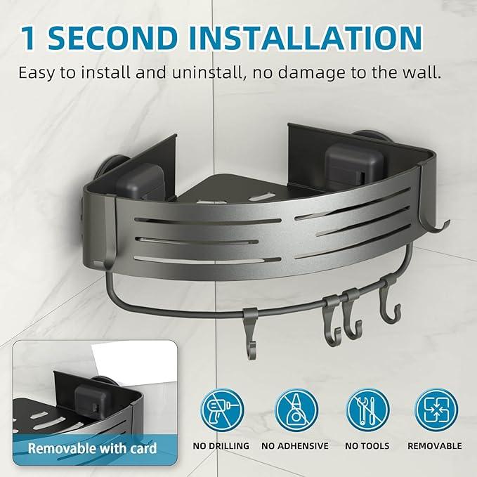Onemake Corner Shower Caddy with Suction Cups, 2-Pack Removable Aluminum Wall Mounted Organizer Shelves Storage Rack with Towel Bar Portable Hook for Bathroom, Grey - ModernBath