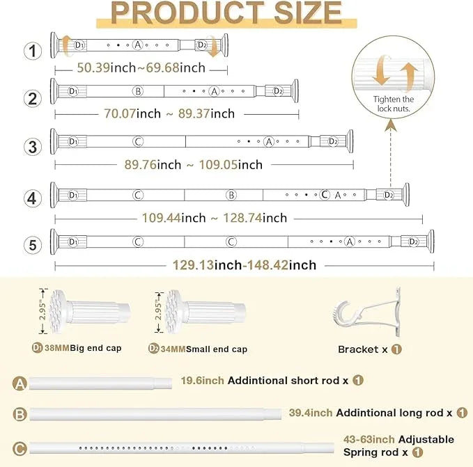 ZipGlo Tension Curtain Rod 51-168inches,White Heavy Duty Curtain Rods No Drilling,Shower Curtain Rods Spring Tension Long Outdoor Curtain Rod for Bathroom,Patio - ModernBath