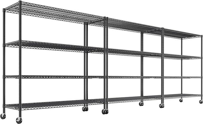 REIBII 55.5''W Storage Shelves 2500LBS Wire Shelving Unit with Wheels Heavy Duty Metal Shelves for Storage Adjustable Garage Storage Rack Pantry Shelf Kitchen Shelving, 75.6" H X 55.5''W X 24" D, 3PCS - ModernBath