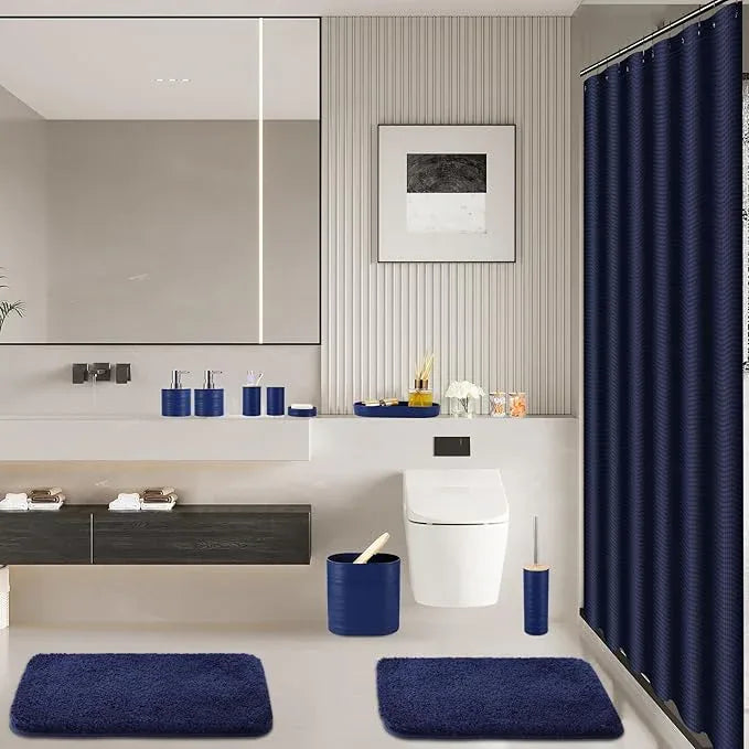 XLHOMO Bathroom Set - Navy Blue Bathroom Accessories Set, Bathroom Sets with Shower Curtain and Rugs, 25PC Shower Curtain Set with Hooks, Soap Dispenser, Soap Dish, Toilet Brush Holder and Trash Can - ModernBath