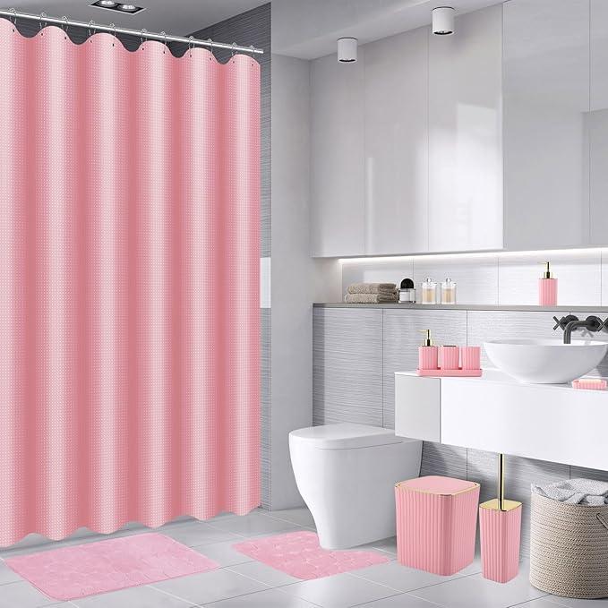 XLHOMO 26PC Bathroom Accessories Set - Gorgeous Pink Bathroom Set, Bathroom Accessory Set, Pink Shower Curtain Set with Bathtub Mats for Shower Tub - ModernBath