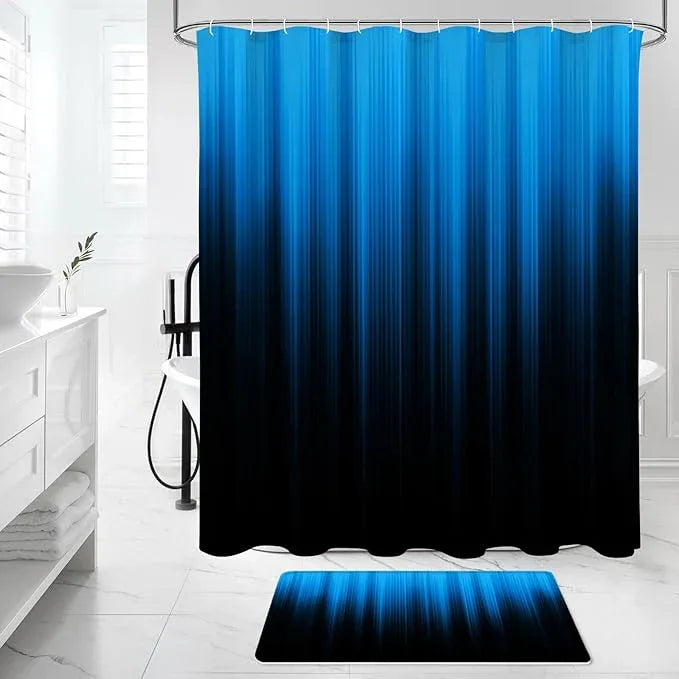 Litabel 4 Pcs Blue and Black Gradient Shower Curtain Set with Rugs and Toilet Lid Cover, Modern Simple Waterproof Fabric Bathroom Set, Ombre Stripe Gothic Abstract Bathroom Decor Set Accessories - ModernBath