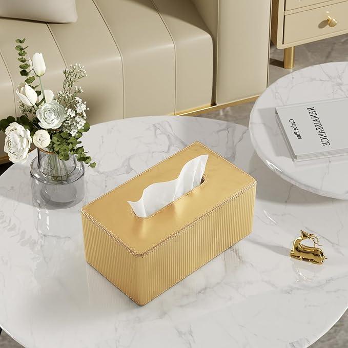 Cretkhp Gold Tissue Box Cover Rectangle with Magnetic Closure, PU Leather Tissue Box Holder for Bathroom NightStands Livingroom, Decorative Tissue Holder for 120(3-Ply)/160(2-Ply) Tissue Box (Gold) - ModernBath