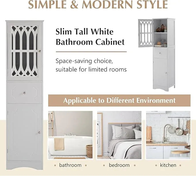 Tall Bathroom Storage Cabinet with 2 Doors & Drawer, 64" H Bathroom Cabinets Freestanding, Slim Linen Cabinet with Adjustable Shelves, Narrow Linen Tower for Living Room, Laundry Room, White - ModernBath