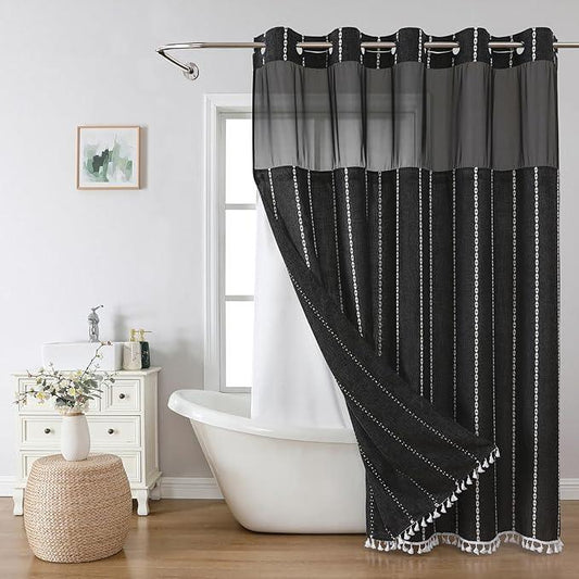 eachope No Hook Long Shower Curtain Set with Snap-in Fabric Liner,Linen Textured Thick Striped Fabric with Tassels,Boho Farmhouse Rustic Luxury Bathroom Curtain,Water-Repellent,Black,71x80 - ModernBath