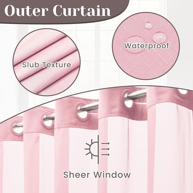 SORTTO No Hook Slub Textured Shower Curtain with Snap in Liner - Pink Fabric Outer Curtain & Waterproof Inner Liner, Hotel Style with See Through Top Window, 71x74 in - ModernBath