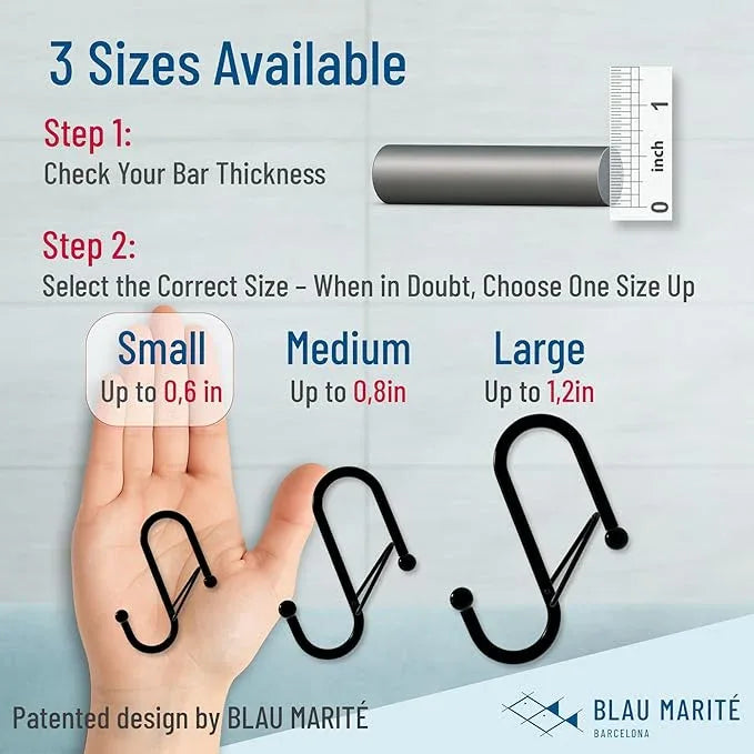 Blau Marité 10-Pack Metal S Hooks for Hanging – Heavy-Duty S-Shaped Hooks with Safety Buckle – Fits Bars up to 0.6 in – Anti-Drop Hooks for Kitchen, Pot Racks & Towel Bars – White (Small) - ModernBath