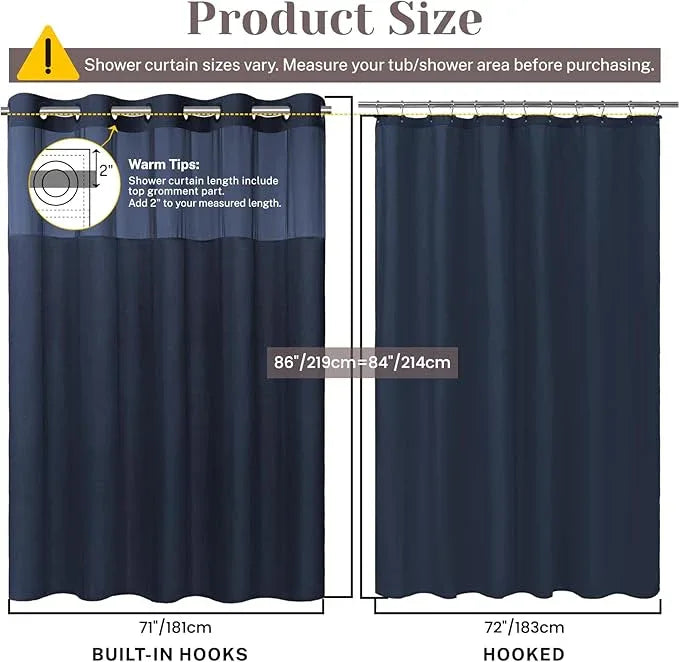 SORTTO No Hook Slub Textured Shower Curtain with Snap in Liner - Navy Fabric Outer Curtain & Waterproof Inner Liner, Hotel Style with See Through Top Window, 71x86 in - ModernBath