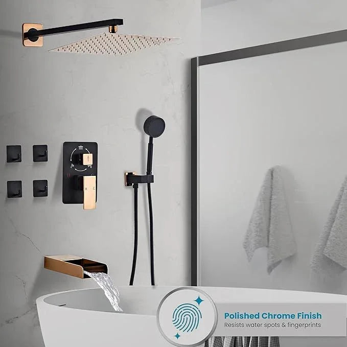 RTTWYYUU Black Gold Shower Tub Faucet Set, Wall Mounted 8 Inch Shower Heads with Handheld Spray Combo and Tub Shower Faucet, Luxury Bathroom Square Rain Shower System - 4 Hooks - ModernBath