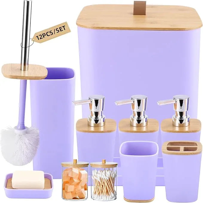 XLHOMO Purple Bathroom Accessories, Bathroom Accessories Set with Trash Can, Soap Dispenser, Toothbrush Holder, Toothbrush Cup, Soap Dish, Toilet Brush, Tray and Q-tip Holders for Housewarming - ModernBath