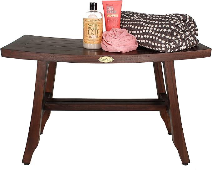 DecoTeak Teak Shower Bench – 28 Inch Waterproof Wooden Seat for Inside Shower Spa-Quality Shower Chair | Curved Seat for Adults | Non-Slip Feet | Large Storage Shelf - ModernBath