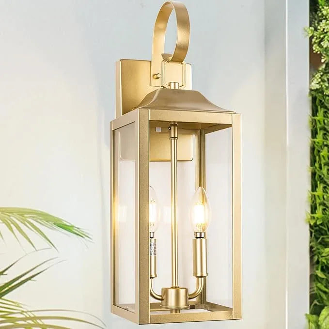 19" Gold Outdoor Wall Lantern 2-Light, Large Modern Wall Sconce Light Fixture, Industrial Porch Light with Glass, Waterproof Farmhouse Exterior Lamp (1 Pack) - ModernBath