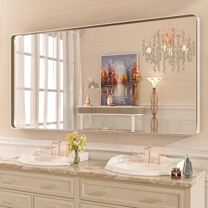 WEER 60X30 Inch Brushed Nickel Bathroom Mirror, Brushed Silver Metal Frame Mirror, Rounded Rectangle Silver Bathroom Vanity Mirror, Tempered Glass, Anti-Rust, Hangs Horizontally or Vertically - ModernBath