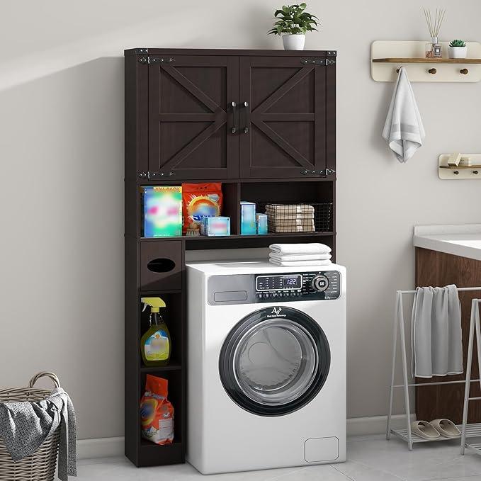 Vabches Over The Toilet Storage Cabinet, Farmhouse Storage Cabinet Over Toilet with 2 Barn Doors & Toilet Paper Holder Stand，Home Space-Saving Toilet Rack, for Laundry, Restroom, Bathroom.Walnut - ModernBath