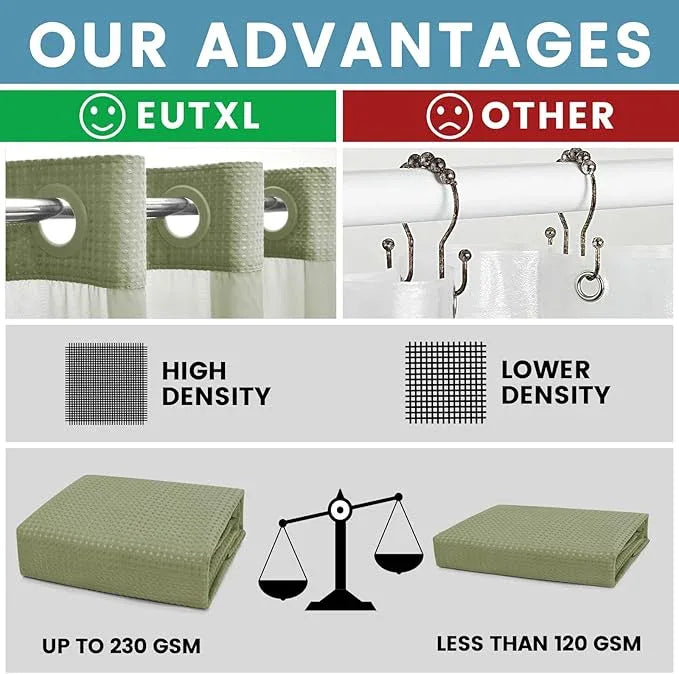 EUTXL Sage Green Hotel Shower Curtain - 230GSM Waffle Textured Heavy Duty Thick Fabric Shower Curtains for Bathroom,71W x 74H - ModernBath