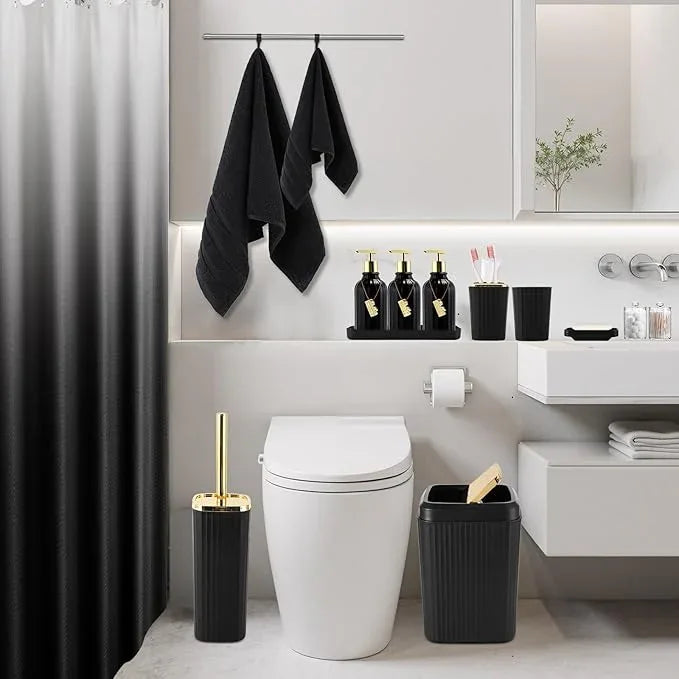 WSBArt 32PCS Black Bathroom Accessories Bathroom Set,Black Shower Curtain, Bath Towel Set,Hand Towel,Toilet Brush,Trash Can & 3PCS Soap Dispensera - ModernBath