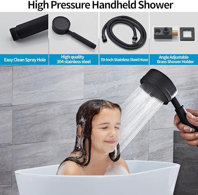 RTTWYYUU Matte Black Rainfall Shower Head, Wall Mounted 12 Inch Shower Heads with Handheld Spray Combo, Luxury Bathroom Square Rain Shower System, Solid Brass Pressure Balancd Shower Faucet Valve - ModernBath