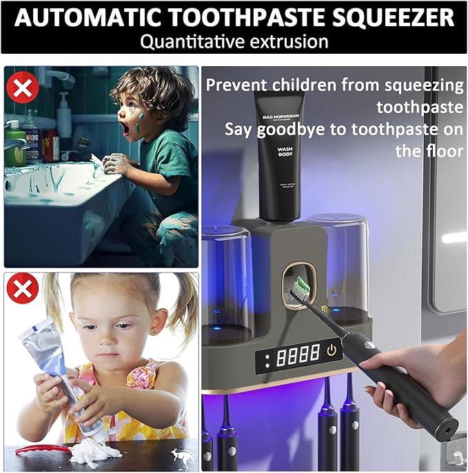 Toothbrush Holders for Bathrooms with Air-Drying, Toothbrush Sanitizer Holder with Smart Countdown LED Screen, 2 Cups Electric Toothbrush Holders Wall Mounted with Toothpaste Dispenser - ModernBath