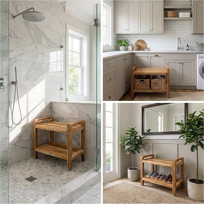 EcoDecors Eleganto 24 Inch Natural Color Waterproof Teak Wood Shower Bench Stool Seat Chair For Inside Shower Provides Safety, Storage, and Organization For Bathroom Accessories - ModernBath
