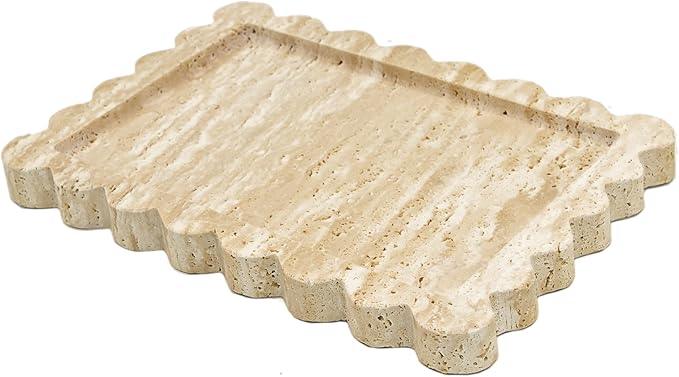 YMXYJM Genuine Travertine Scalloped Marble Tray, Real Natural Marble Stone Trays, Luxury Decorative Trays for Bathroom, Dresser, Vanity, Kitchen, Home Decor, 10.6" x 8", Travertine Beige - ModernBath