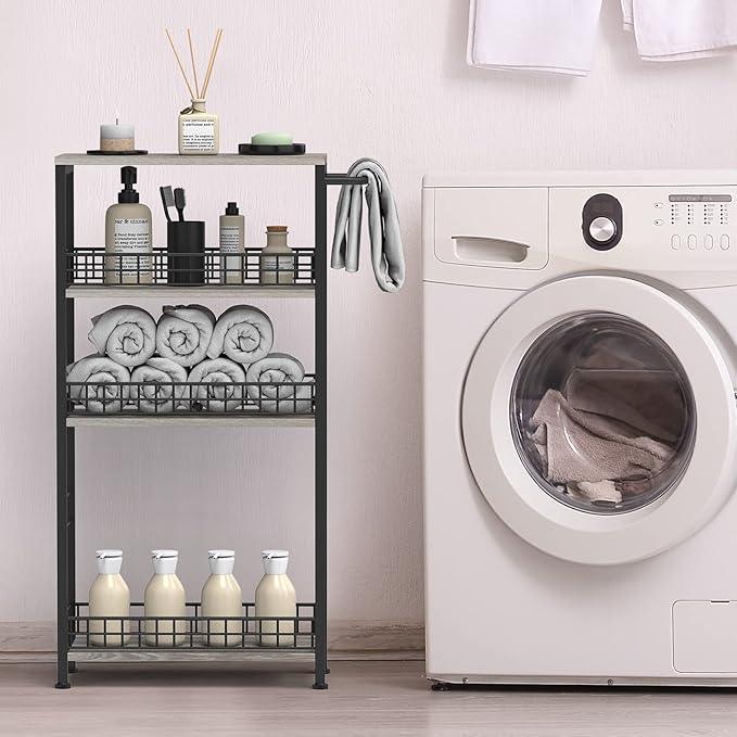 4 Tier Slim Storage Cart Narrow Laundry Cart on Wheels Utility Kitchen Rolling Cart with Wood Tabletop Mobile Shelving Unit Bathroom Storage Organizer Slide Out Rolling Tower for Narrow Spaces - ModernBath