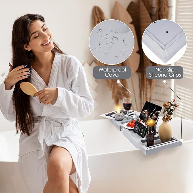Foldable Bathtub Caddy Tray, Bamboo Bath Tub Tray Table for Tub with Wine Glass Holder Book Phone Tablet Holder with Extending Sides, Adjustable Bathroom Bathtub Free Soap Holder Gift Idea (Grey) - ModernBath