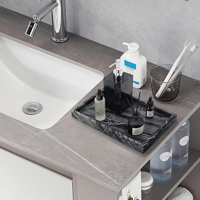 Zilukar Real Natural Marble Tray for Bathroom, Vanity, Kitchen and Desktop, Rectangle Genuine Marble Stone Tray for Jewelry, Cosmetics, Candles, Lotion, Perfume and Home Decor Wood Grain - ModernBath
