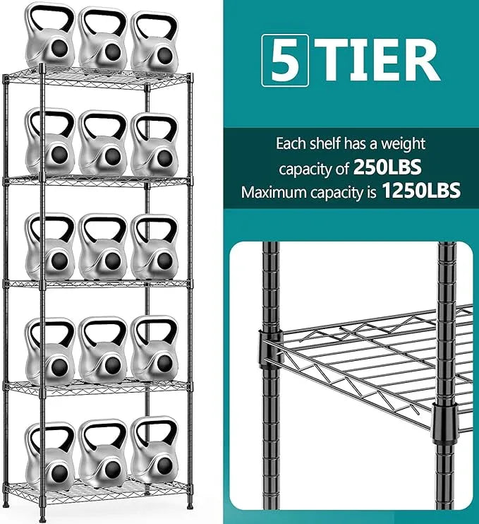 IZEUK 5-Tier Black Metal Storage Shelves, Adjustable Wire Shelving Unit for Kitchen, Bathroom, Pantry, Office, Garage, Organizer Wire Rack, 1250 lbs, 13.7" D x 23.6" W x 63" H - ModernBath