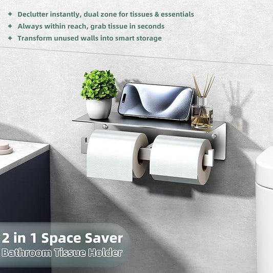 APLusee Double Toilet Paper Holder with Shelf, 304 Stainless Steel Brushed Nickel Bathroom Tissue Holder, Commercial Paper Roll Dispenser Wall Mounted - ModernBath