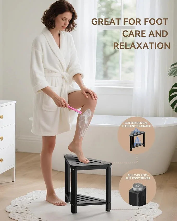 Shower Foot Rest 15in, HDPE Waterproof Shower Stool for Inside Shower, Corner Shower Stool for Shaving Legs with Storage Shelf for Small Space, Shower Step Stool, Plastic Corner Shower Bench, Black - ModernBath